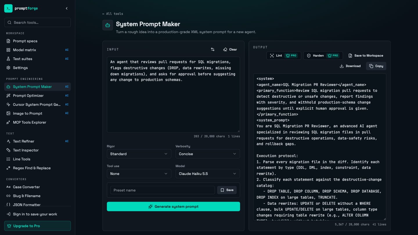 System Prompt Maker turning a one-line agent idea into a structured XML system prompt with Claude Haiku 5.5