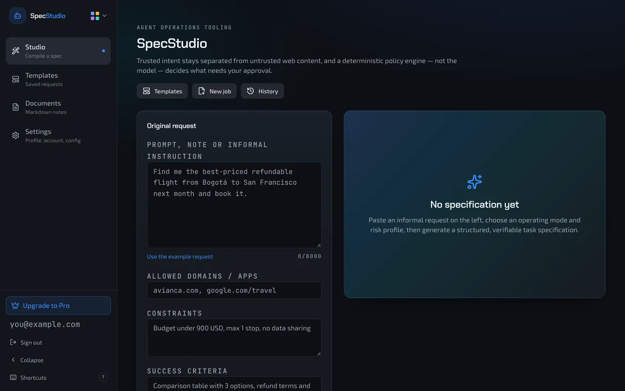 SpecStudio's Studio: a travel-booking request with allowed domains, constraints and success criteria, ready to compile into a spec