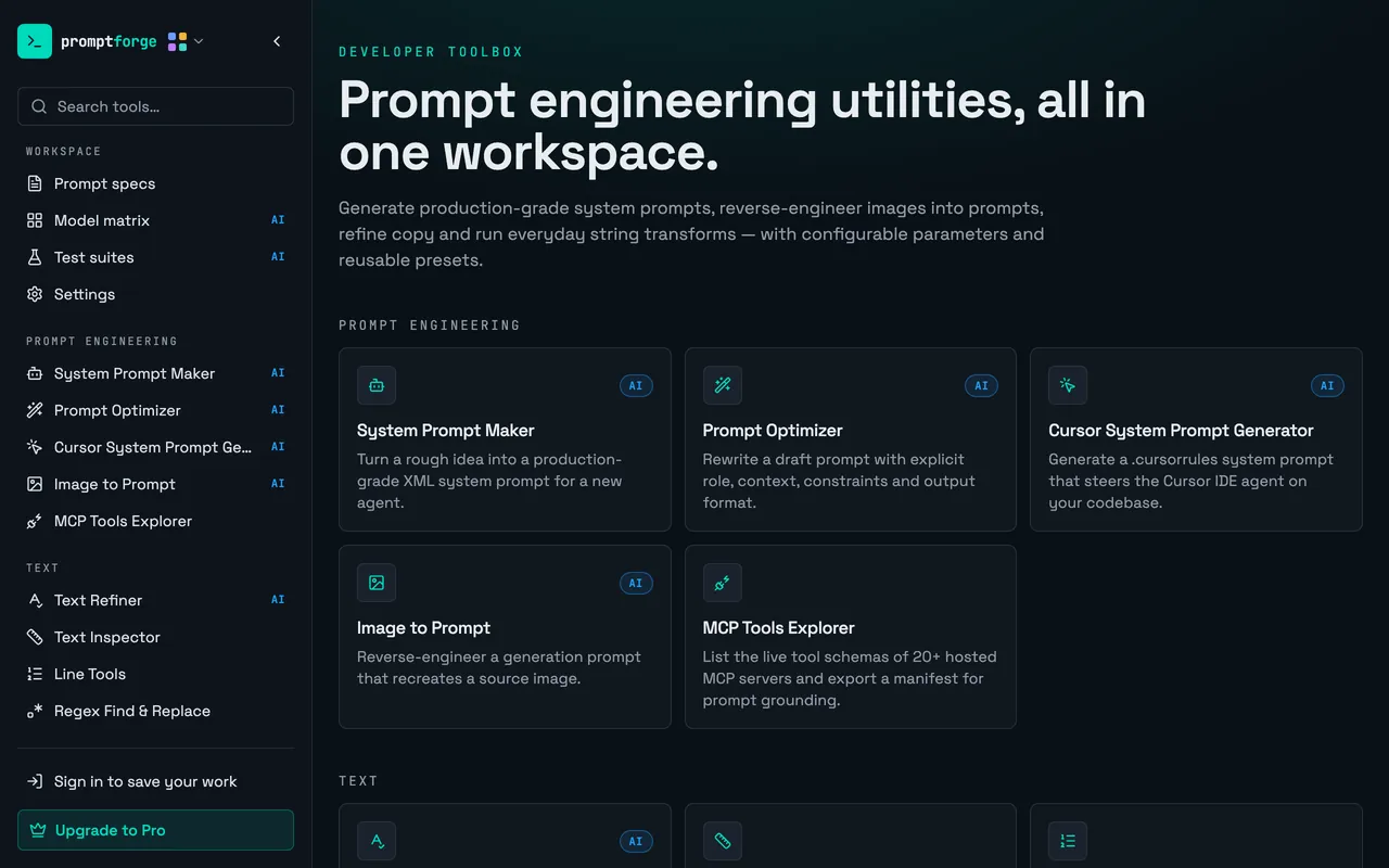 PromptForge's tool directory: prompt-engineering tools such as System Prompt Maker, Prompt Optimizer and Image to Prompt